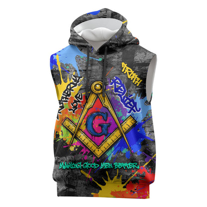 Prince Hall Freemasonry Sleeveless Hoodie Colorful Graffiti Paint Splatter On Urban Stone Wall