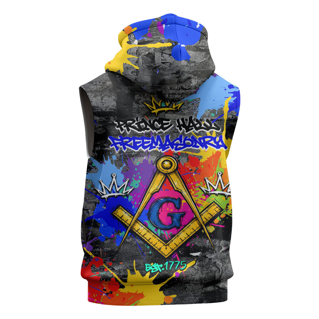 Prince Hall Freemasonry Sleeveless Hoodie Colorful Graffiti Paint Splatter On Urban Stone Wall