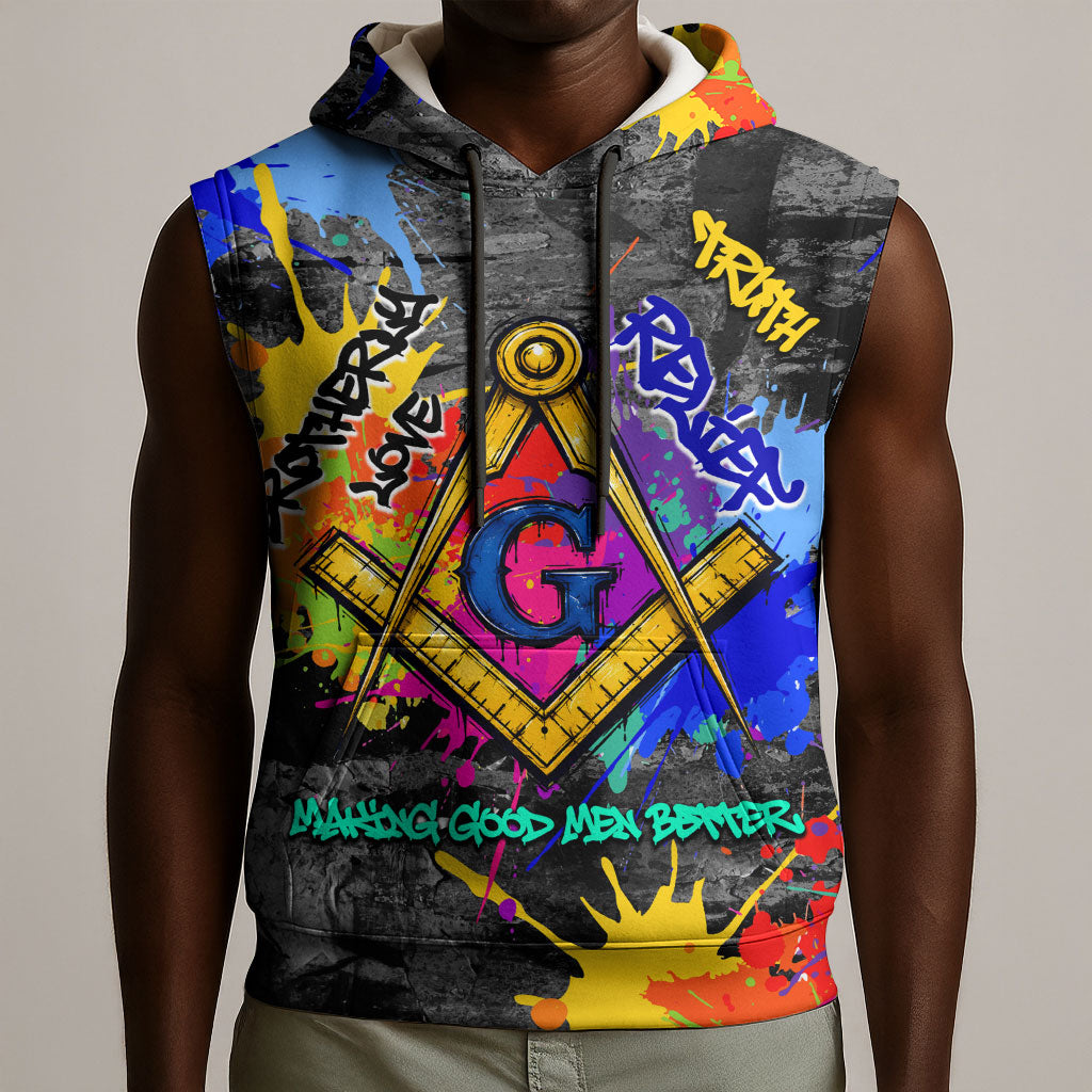 Prince Hall Freemasonry Sleeveless Hoodie Colorful Graffiti Paint Splatter On Urban Stone Wall