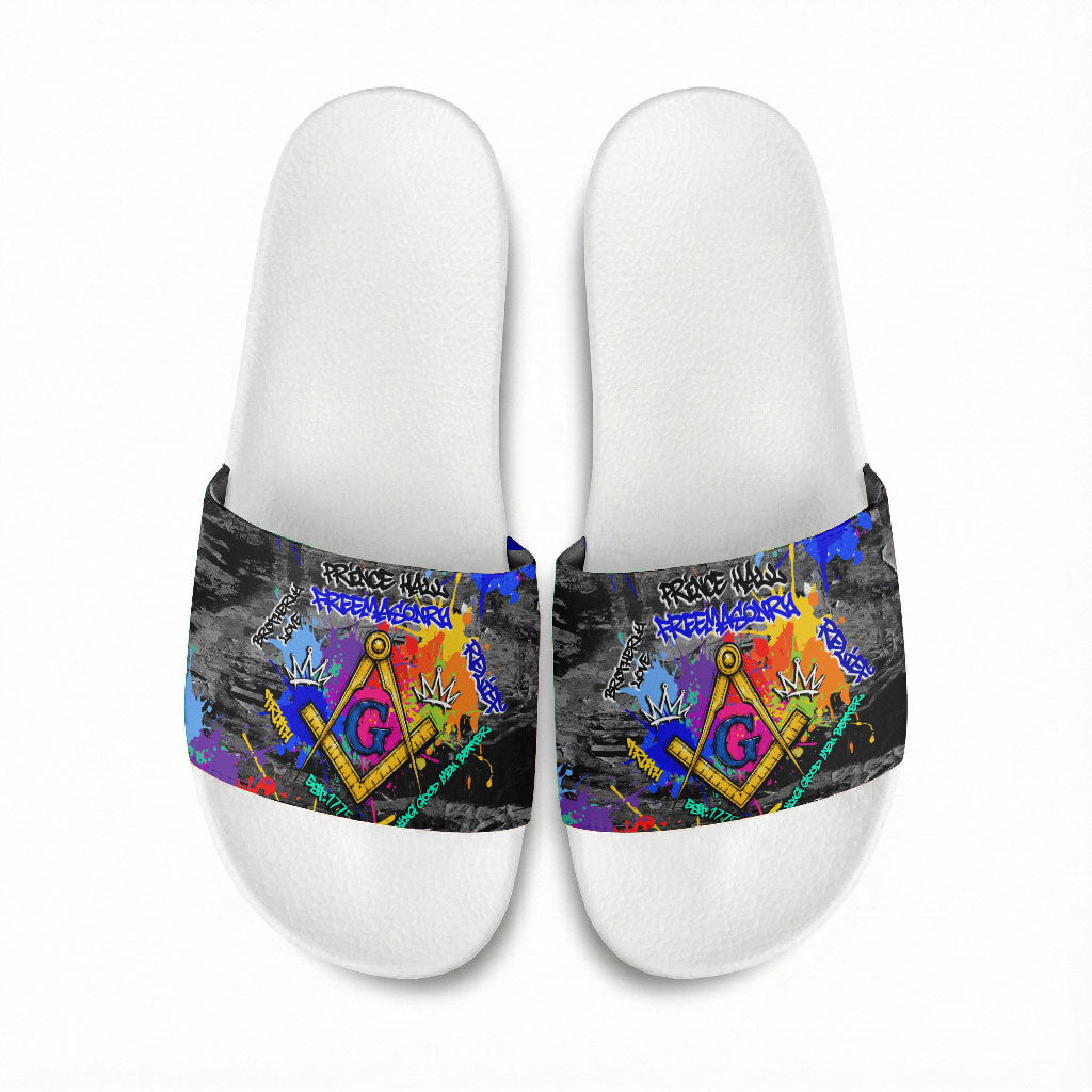 Prince Hall Freemasonry Slide Sandals Colorful Graffiti Paint Splatter On Urban Stone Wall