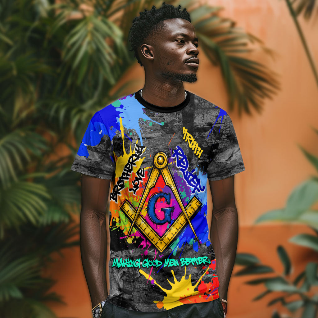 Prince Hall Freemasonry T shirt Colorful Graffiti Paint Splatter On Urban Stone Wall