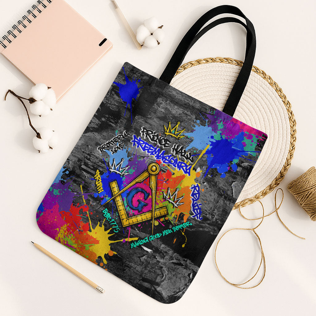 Prince Hall Freemasonry Tote Bag Colorful Graffiti Paint Splatter On Urban Stone Wall