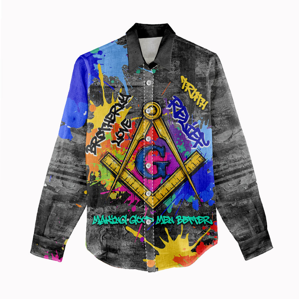 Prince Hall Freemasonry Women Casual Shirt Colorful Graffiti Paint Splatter On Urban Stone Wall