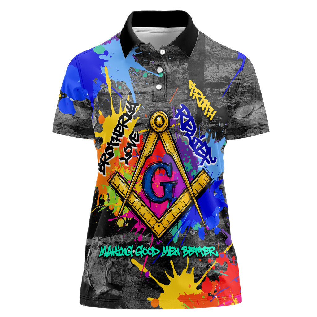 Prince Hall Freemasonry Women Polo Shirt Colorful Graffiti Paint Splatter On Urban Stone Wall