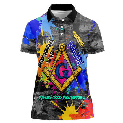 Prince Hall Freemasonry Women Polo Shirt Colorful Graffiti Paint Splatter On Urban Stone Wall