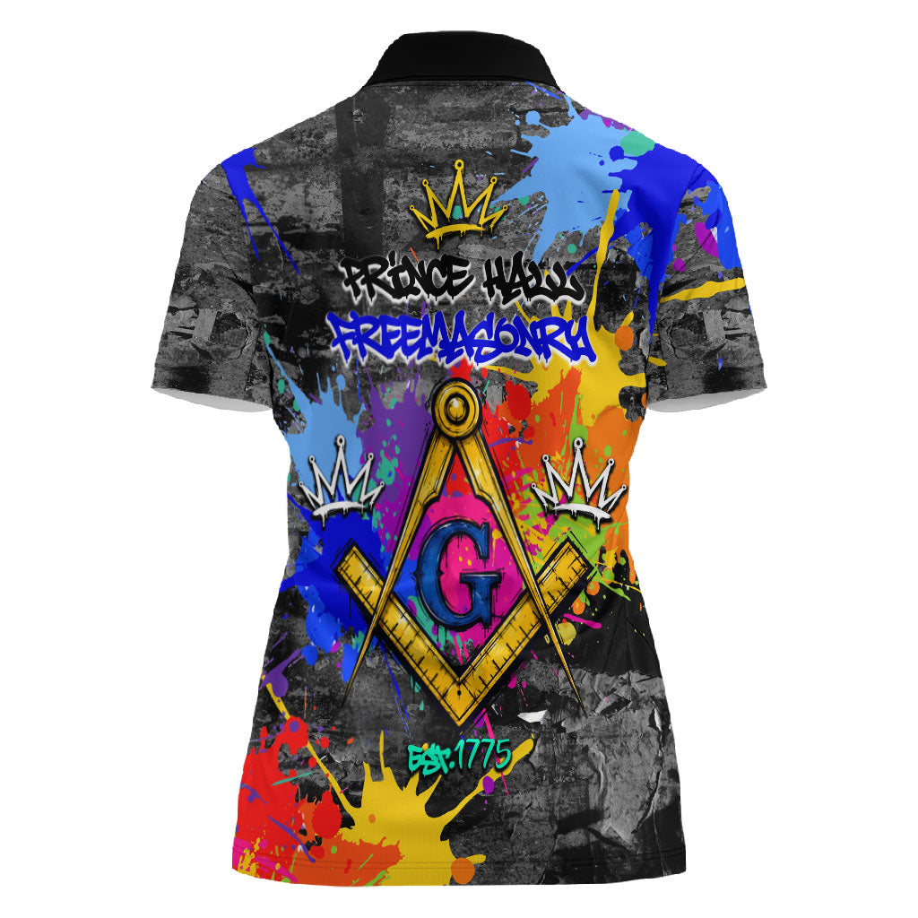 Prince Hall Freemasonry Women Polo Shirt Colorful Graffiti Paint Splatter On Urban Stone Wall