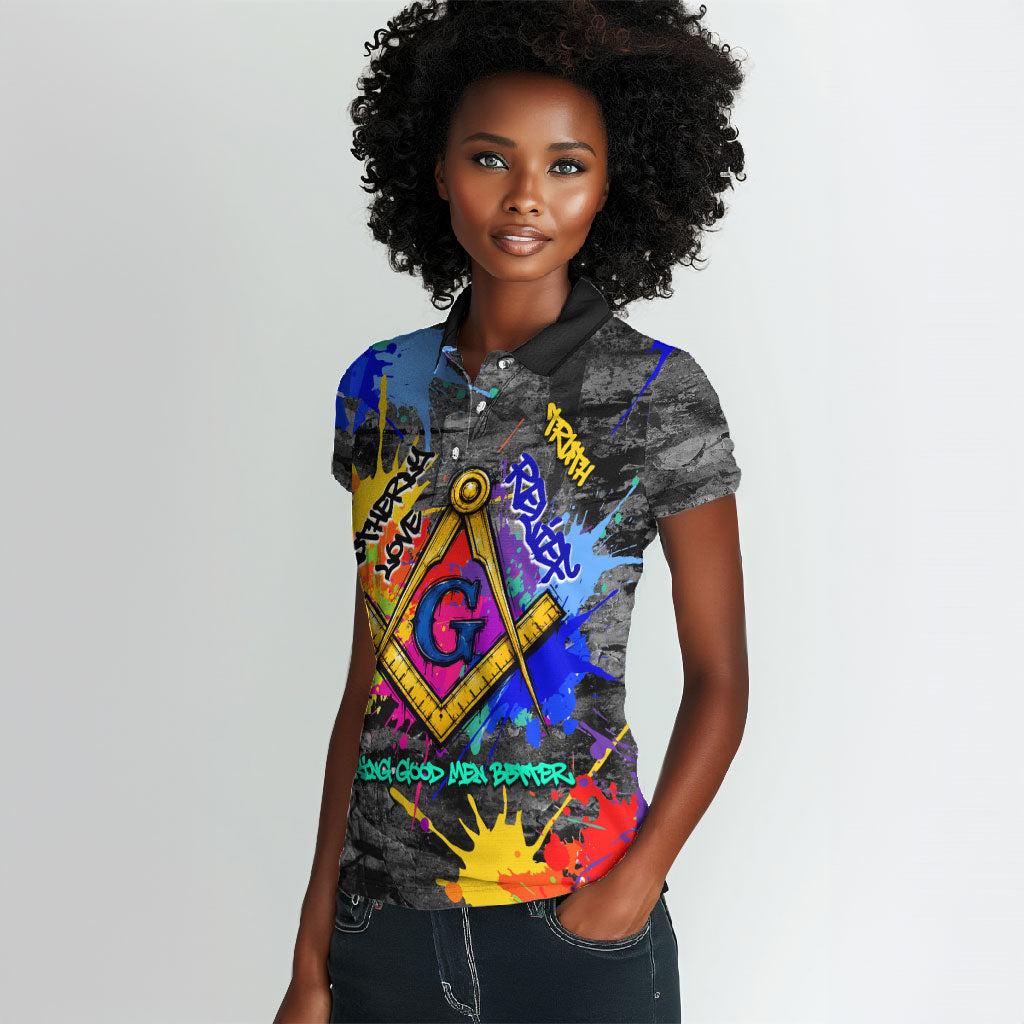 Prince Hall Freemasonry Women Polo Shirt Colorful Graffiti Paint Splatter On Urban Stone Wall
