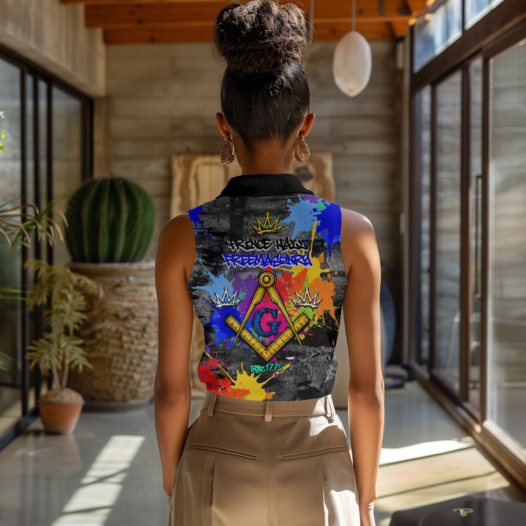 Prince Hall Freemasonry Women Sleeveless Polo Shirt Colorful Graffiti Paint Splatter On Urban Stone Wall