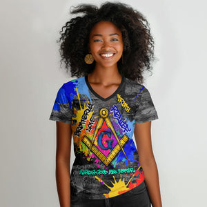 Prince Hall Freemasonry Women V-Neck T-Shirt Colorful Graffiti Paint Splatter On Urban Stone Wall