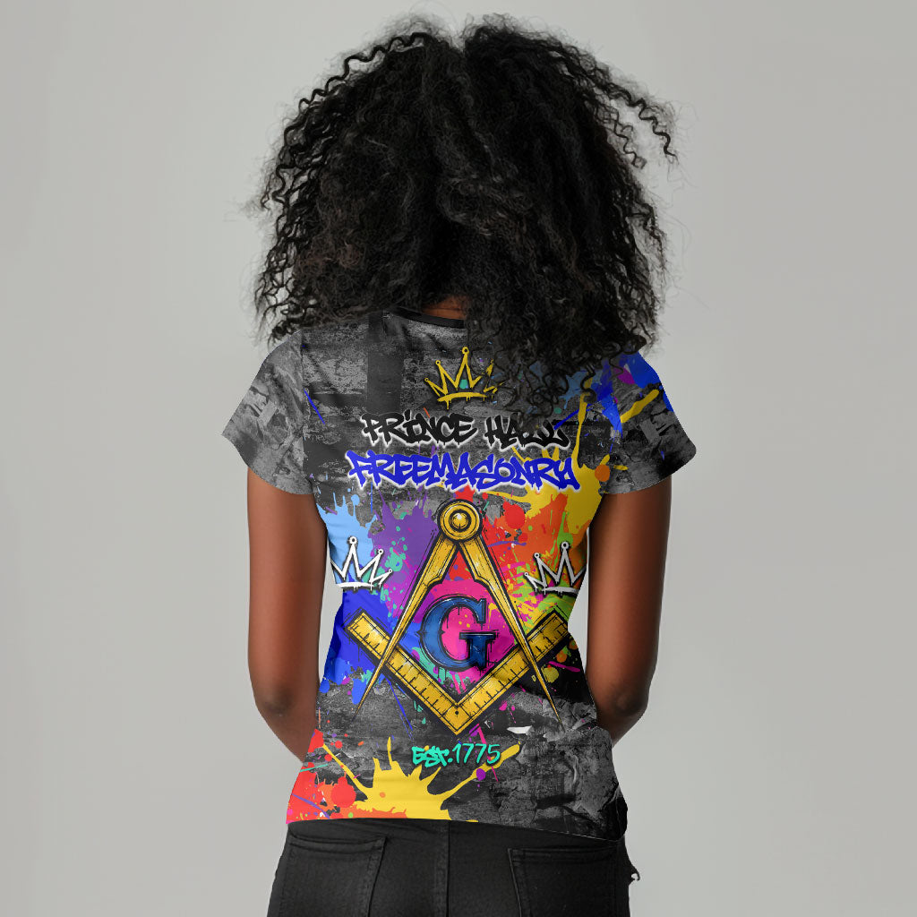 Prince Hall Freemasonry Women V-Neck T-Shirt Colorful Graffiti Paint Splatter On Urban Stone Wall