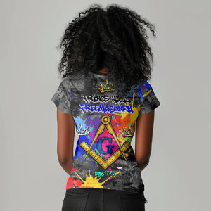 Prince Hall Freemasonry Women V-Neck T-Shirt Colorful Graffiti Paint Splatter On Urban Stone Wall