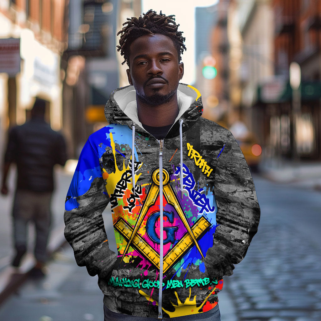 Prince Hall Freemasonry Zip Hoodie Colorful Graffiti Paint Splatter On Urban Stone Wall