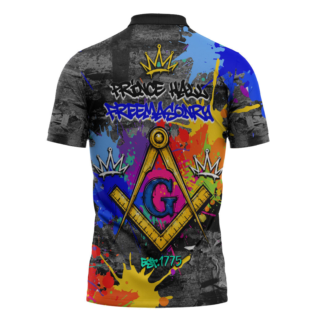 Prince Hall Freemasonry Zipper Polo Shirt Colorful Graffiti Paint Splatter On Urban Stone Wall
