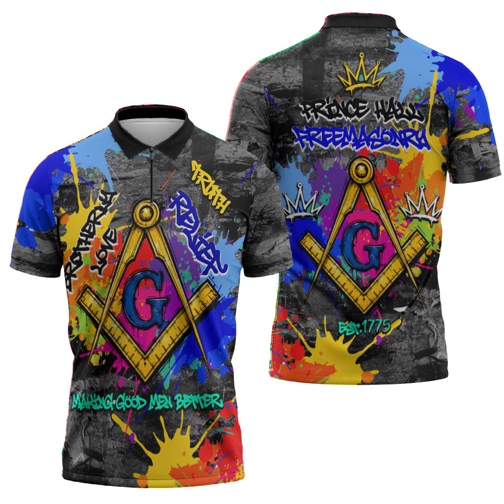 Prince Hall Freemasonry Zipper Polo Shirt Colorful Graffiti Paint Splatter On Urban Stone Wall