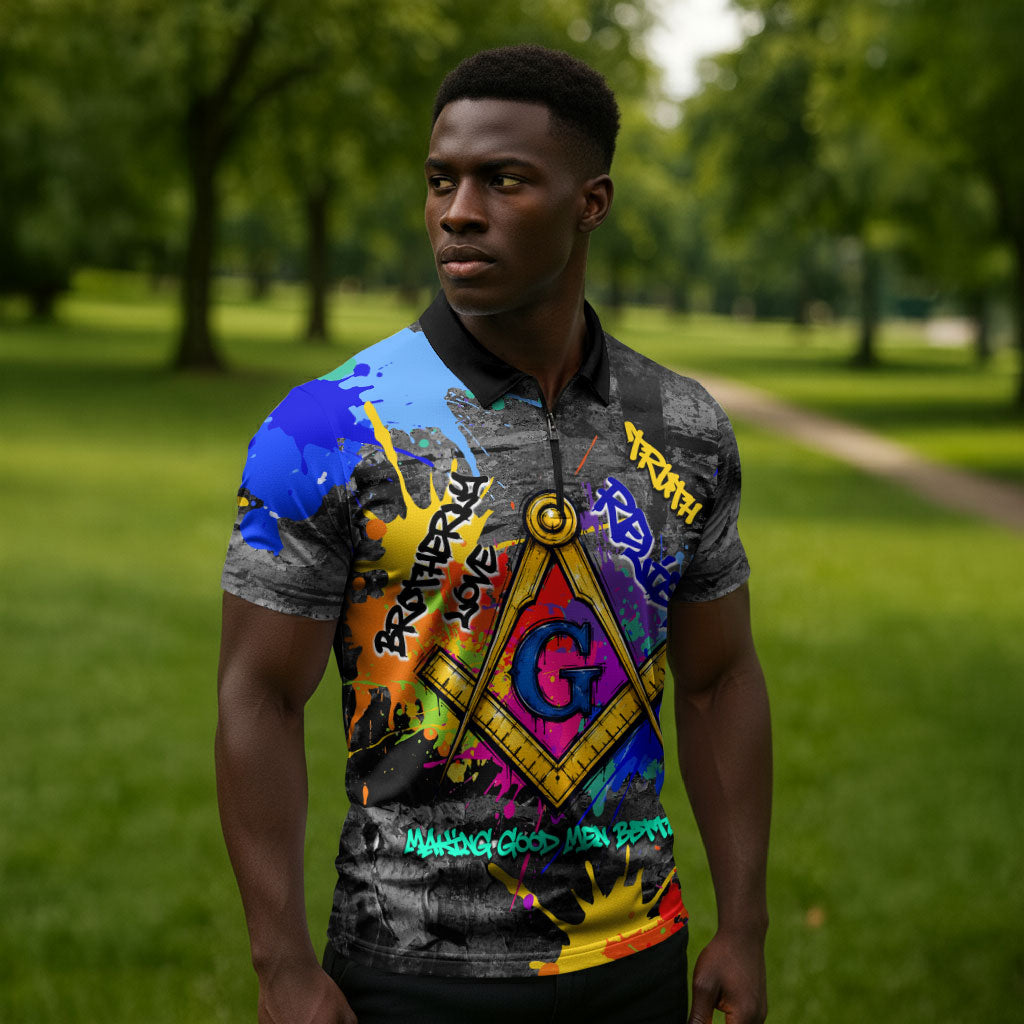 Prince Hall Freemasonry Zipper Polo Shirt Colorful Graffiti Paint Splatter On Urban Stone Wall