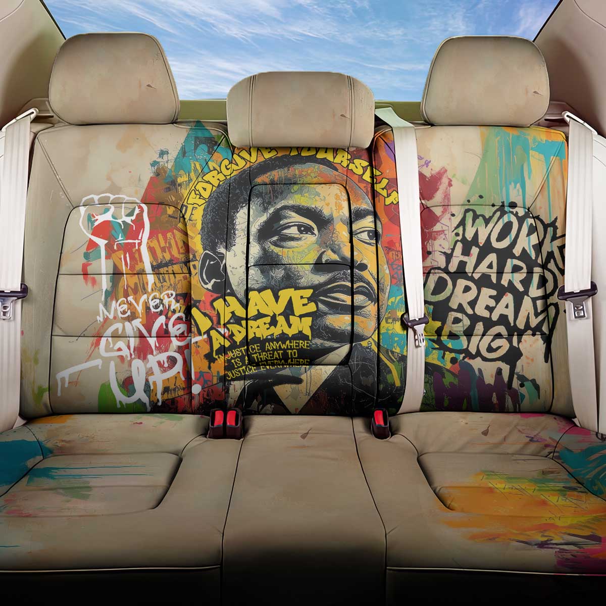 Martin Luther King Graffiti Afro Back Car Seat Cover Colorful Spray Paint Quotes and Crown - African Pride