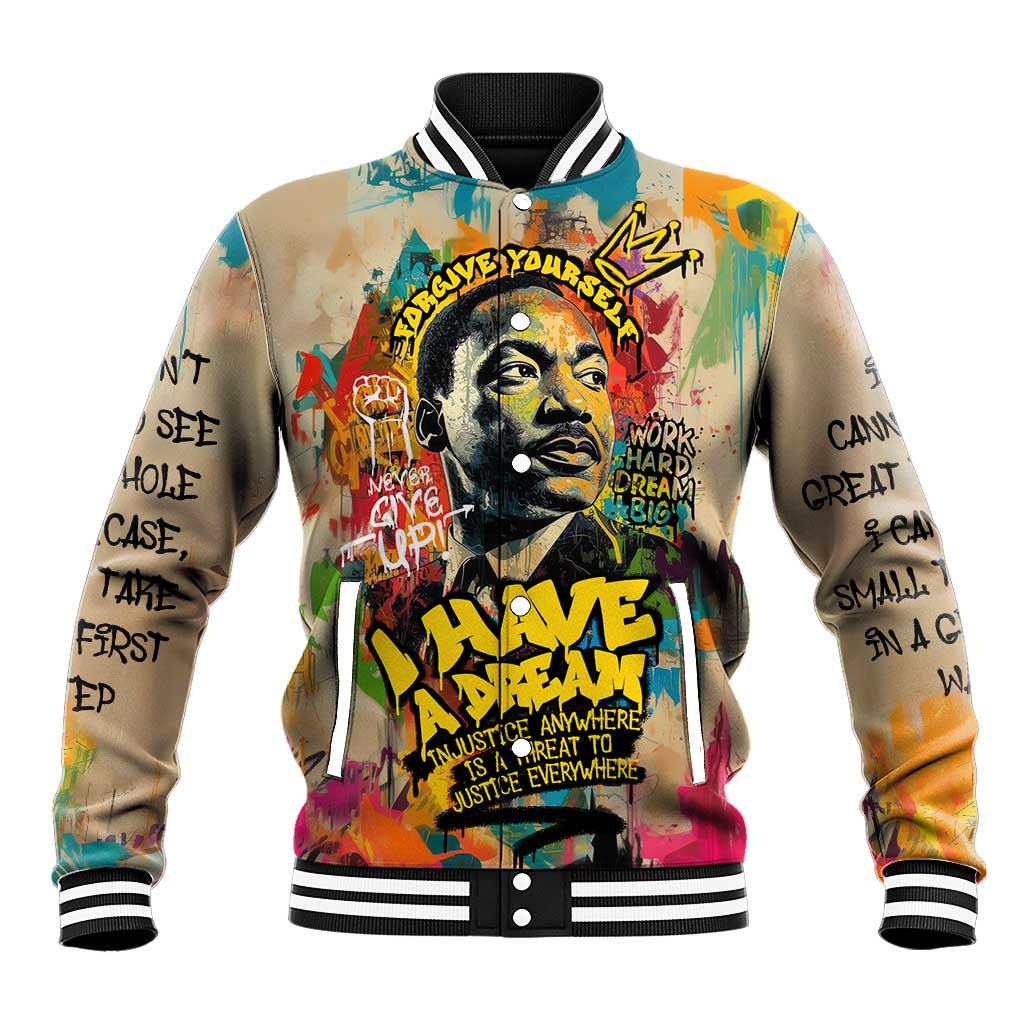 Martin Luther King Graffiti Afro Baseball Jacket Colorful Spray Paint Quotes and Crown - African Pride