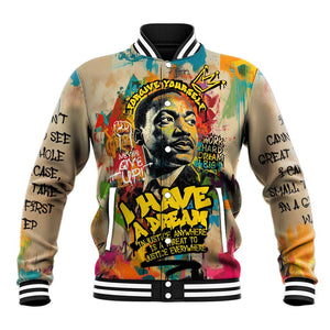 Martin Luther King Graffiti Afro Baseball Jacket Colorful Spray Paint Quotes and Crown - African Pride