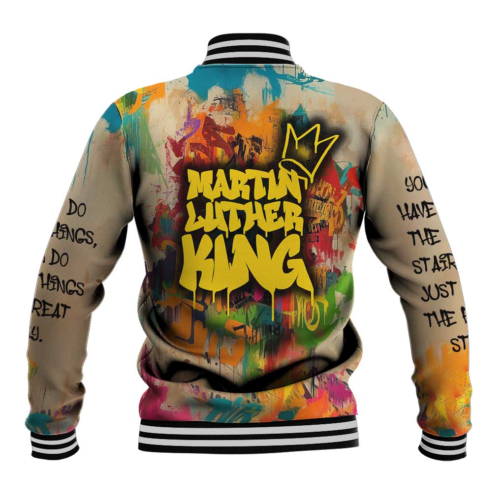 Martin Luther King Graffiti Afro Baseball Jacket Colorful Spray Paint Quotes and Crown - African Pride