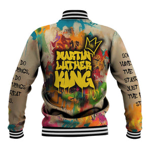 Martin Luther King Graffiti Afro Baseball Jacket Colorful Spray Paint Quotes and Crown - African Pride
