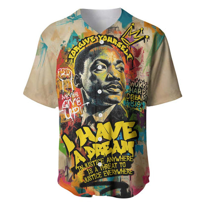 Martin Luther King Graffiti Afro Baseball Jersey Colorful Spray Paint Quotes and Crown - African Pride