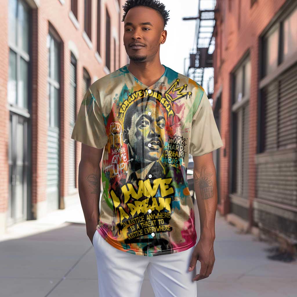 Martin Luther King Graffiti Afro Baseball Jersey Colorful Spray Paint Quotes and Crown - African Pride