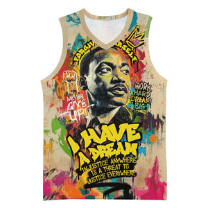 Martin Luther King Graffiti Afro Basketball Jersey Colorful Spray Paint Quotes and Crown - African Pride