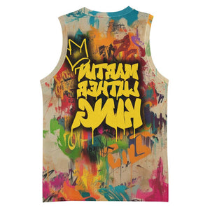Martin Luther King Graffiti Afro Basketball Jersey Colorful Spray Paint Quotes and Crown - African Pride