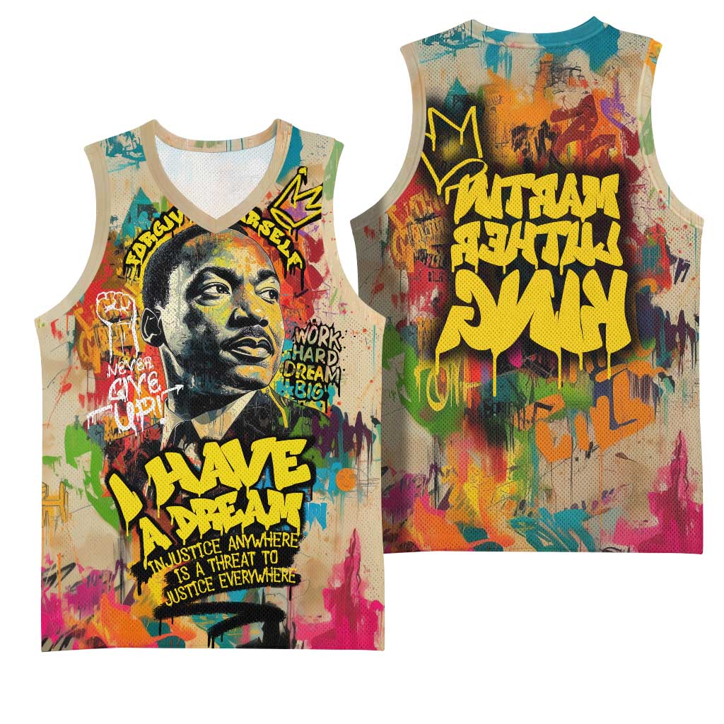 Martin Luther King Graffiti Afro Basketball Jersey Colorful Spray Paint Quotes and Crown - African Pride