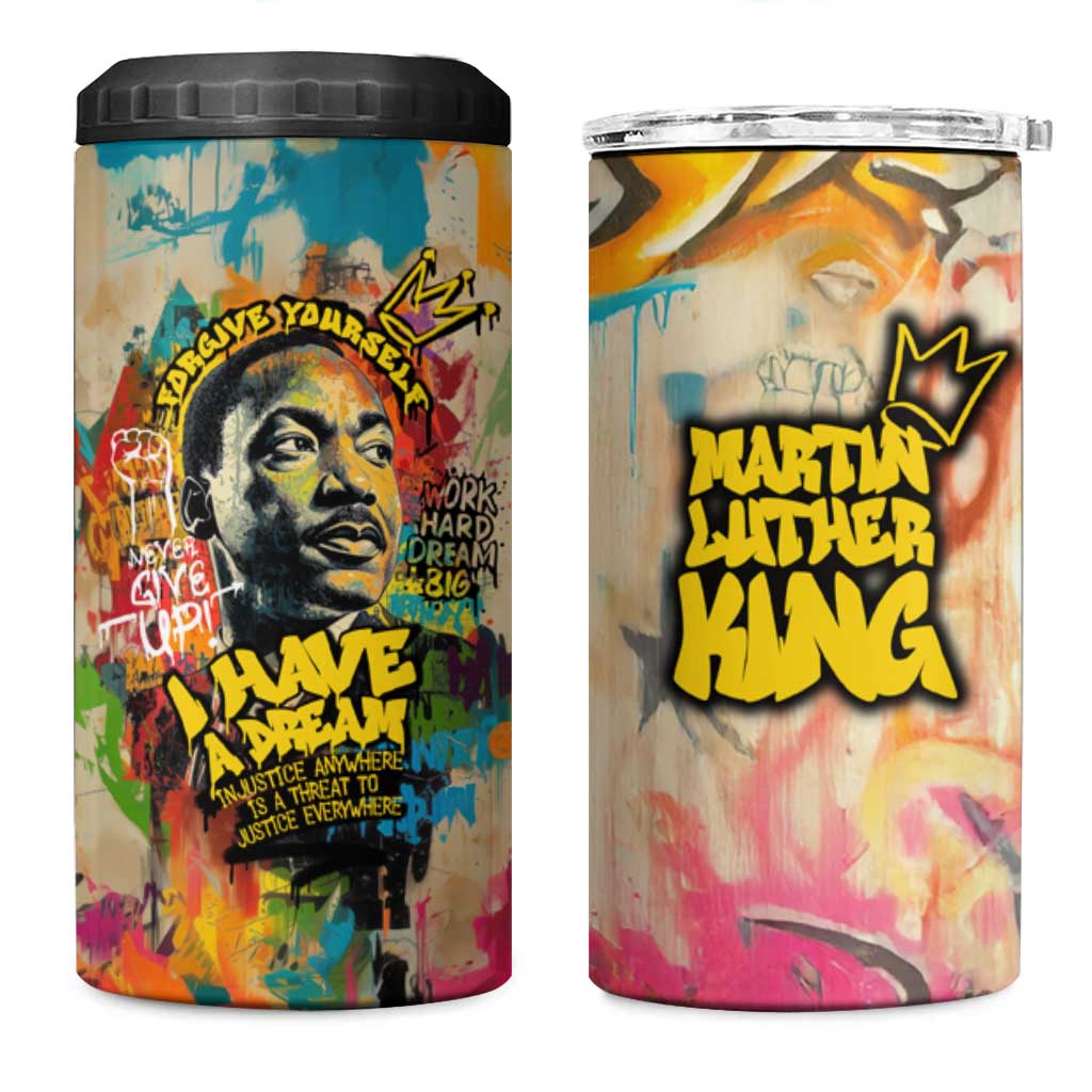 Martin Luther King Graffiti Afro 4 in 1 Can Cooler Tumbler Colorful Spray Paint Quotes and Crown - African Pride