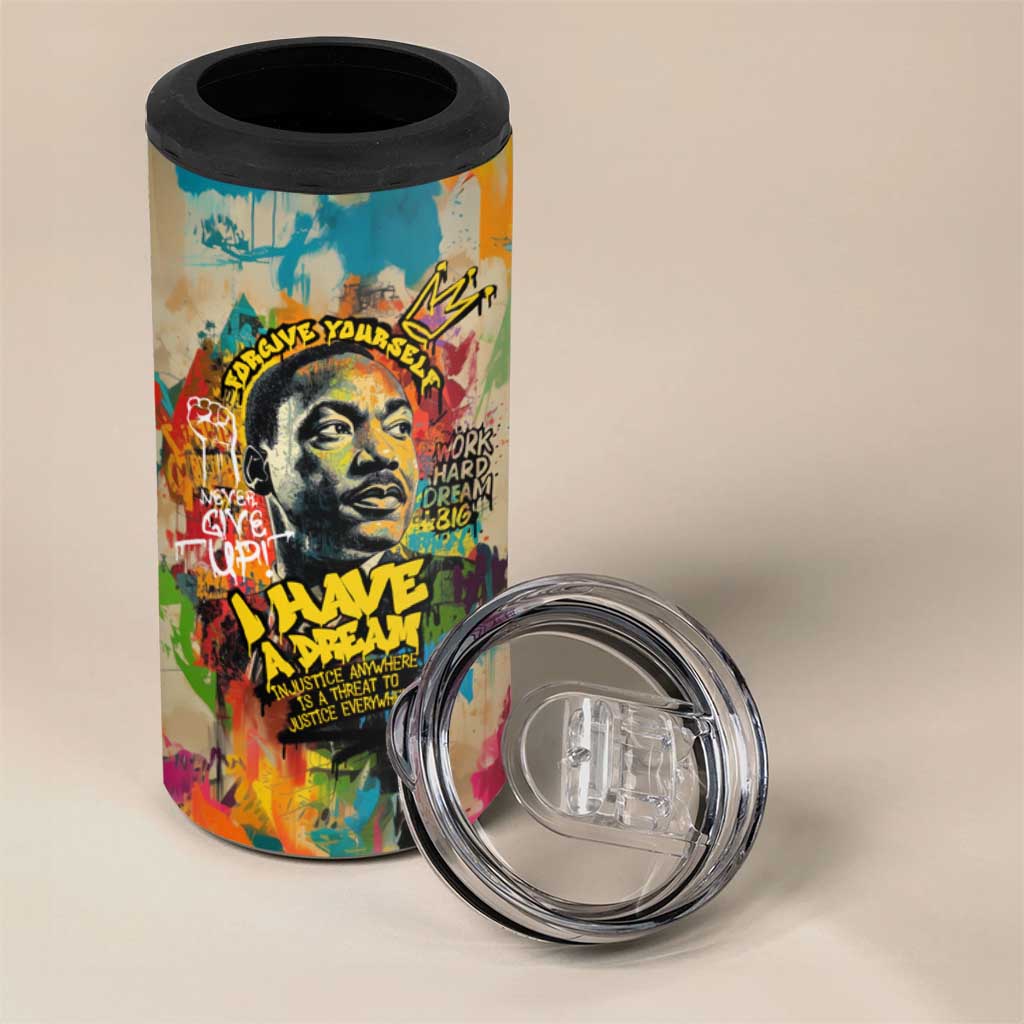 Martin Luther King Graffiti Afro 4 in 1 Can Cooler Tumbler Colorful Spray Paint Quotes and Crown - African Pride
