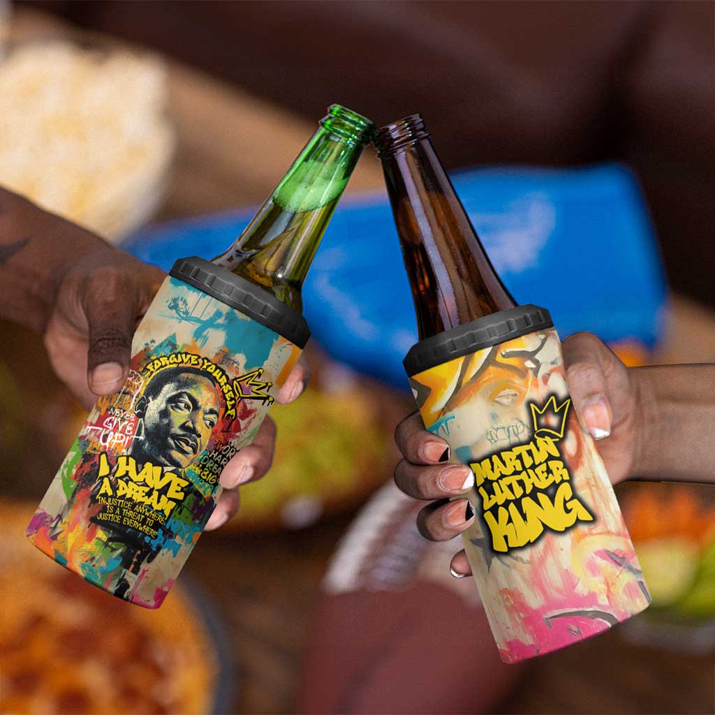 Martin Luther King Graffiti Afro 4 in 1 Can Cooler Tumbler Colorful Spray Paint Quotes and Crown - African Pride