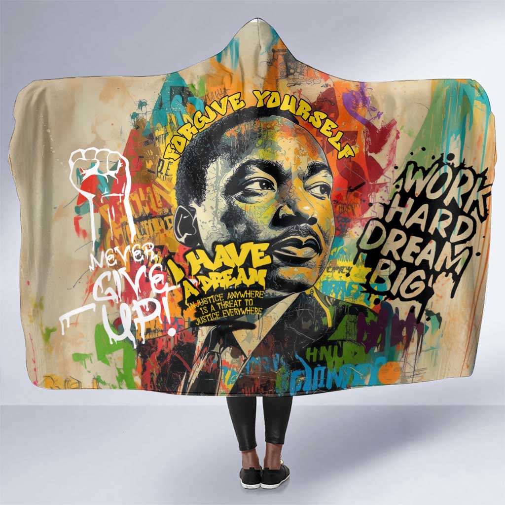 Martin Luther King Graffiti Afro Hooded Blanket Colorful Spray Paint Quotes and Crown - African Pride