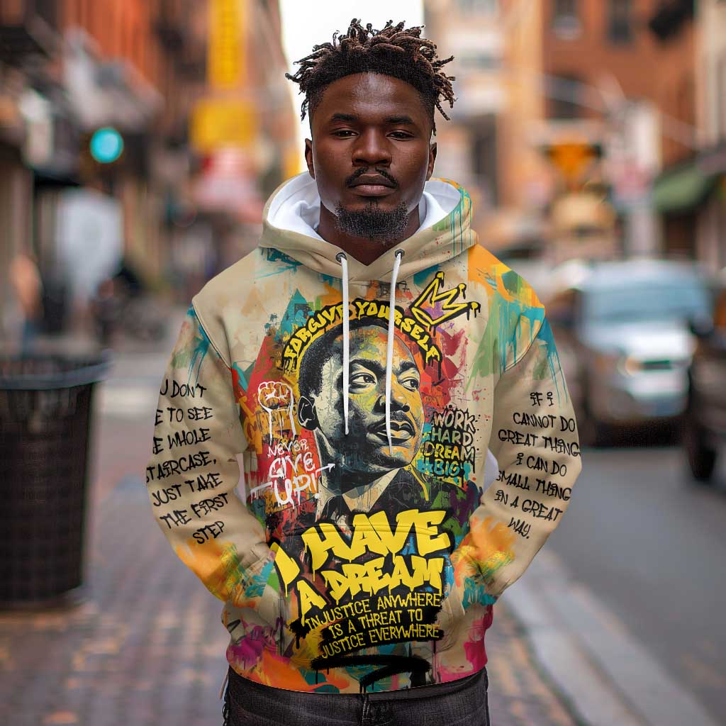 Martin Luther King Graffiti Afro Hoodie Colorful Spray Paint Quotes and Crown - African Pride