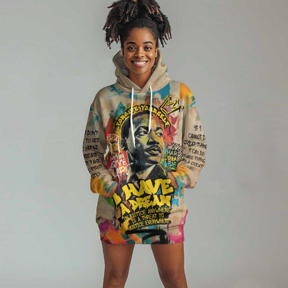 Martin Luther King Graffiti Afro Hoodie Dress Colorful Spray Paint Quotes and Crown - African Pride