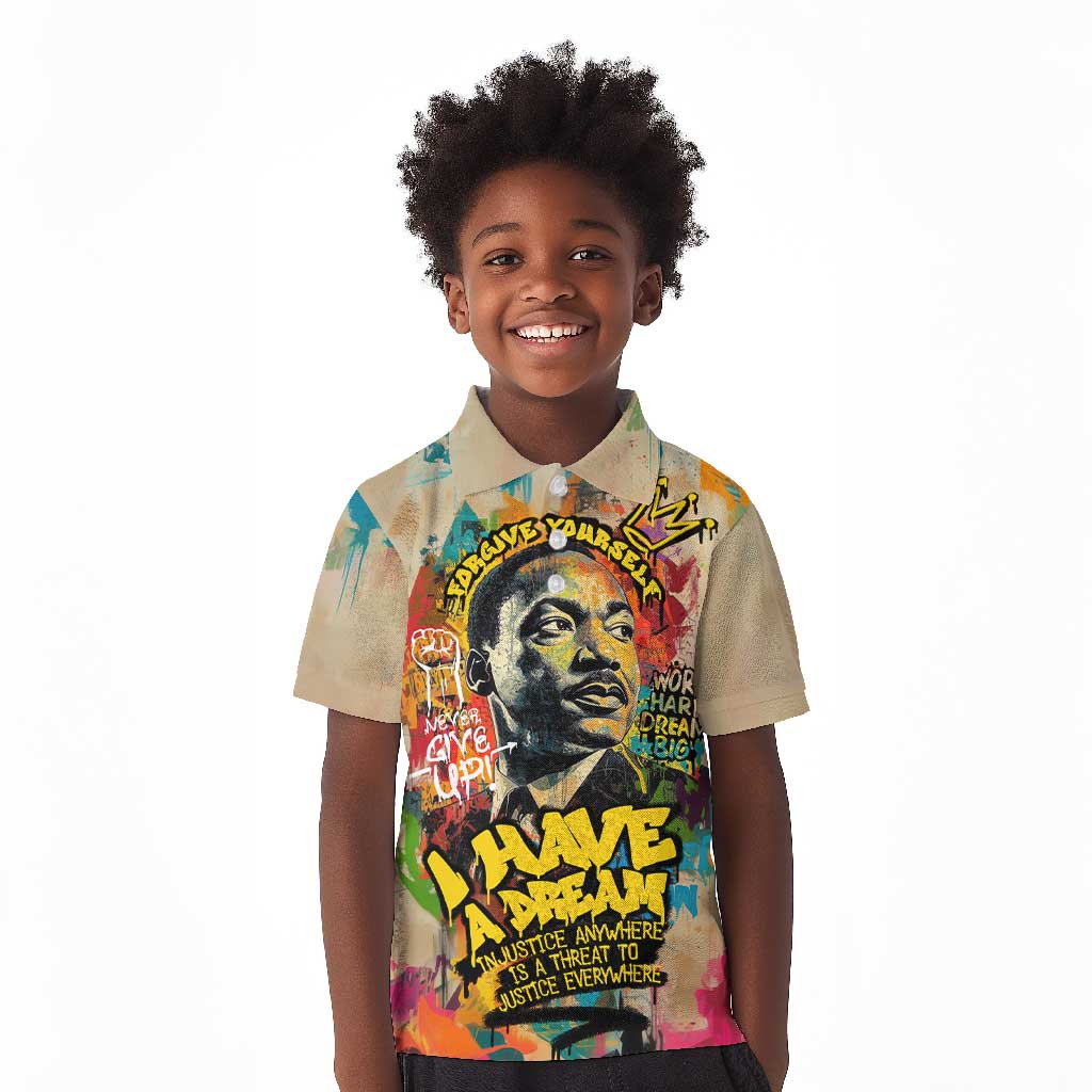 Martin Luther King Graffiti Afro Kid Polo Shirt Colorful Spray Paint Quotes and Crown - African Pride