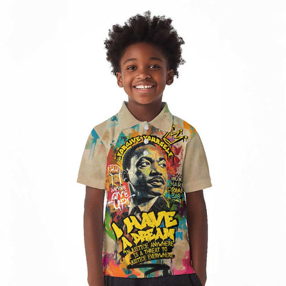 Martin Luther King Graffiti Afro Kid Polo Shirt Colorful Spray Paint Quotes and Crown - African Pride