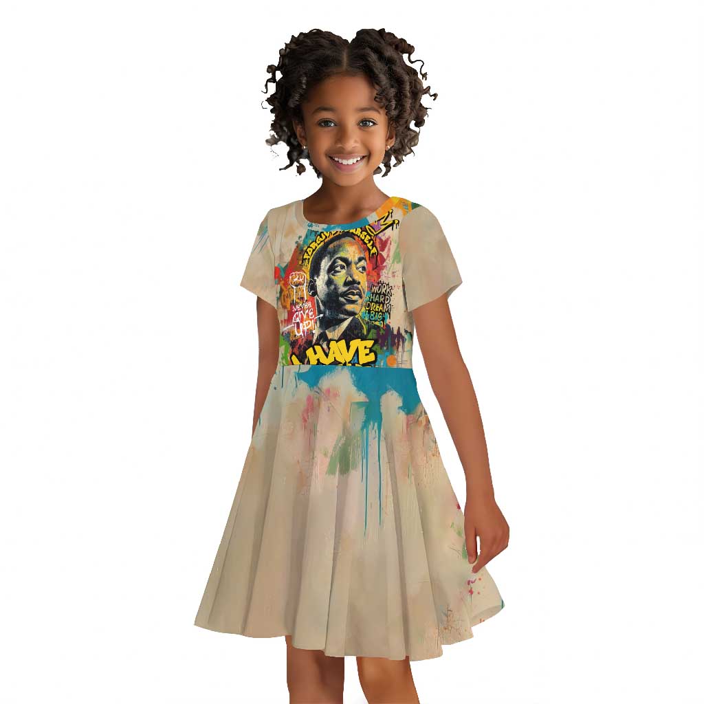 Martin Luther King Graffiti Afro Kid Short Sleeve Dress Colorful Spray Paint Quotes and Crown - African Pride