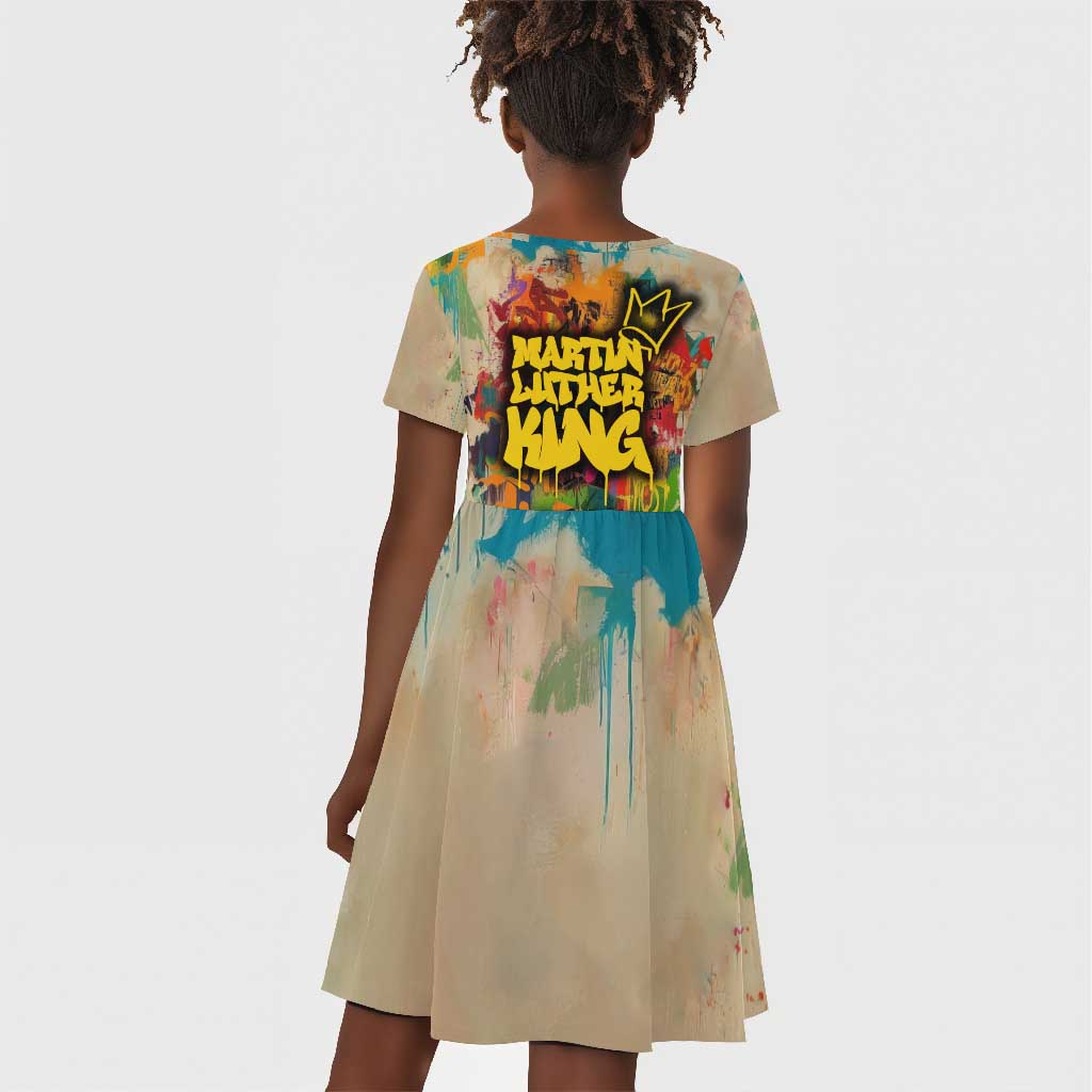 Martin Luther King Graffiti Afro Kid Short Sleeve Dress Colorful Spray Paint Quotes and Crown - African Pride