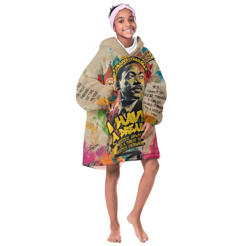 Martin Luther King Graffiti Afro Kid Wearable Blanket Hoodie Colorful Spray Paint Quotes and Crown - African Pride