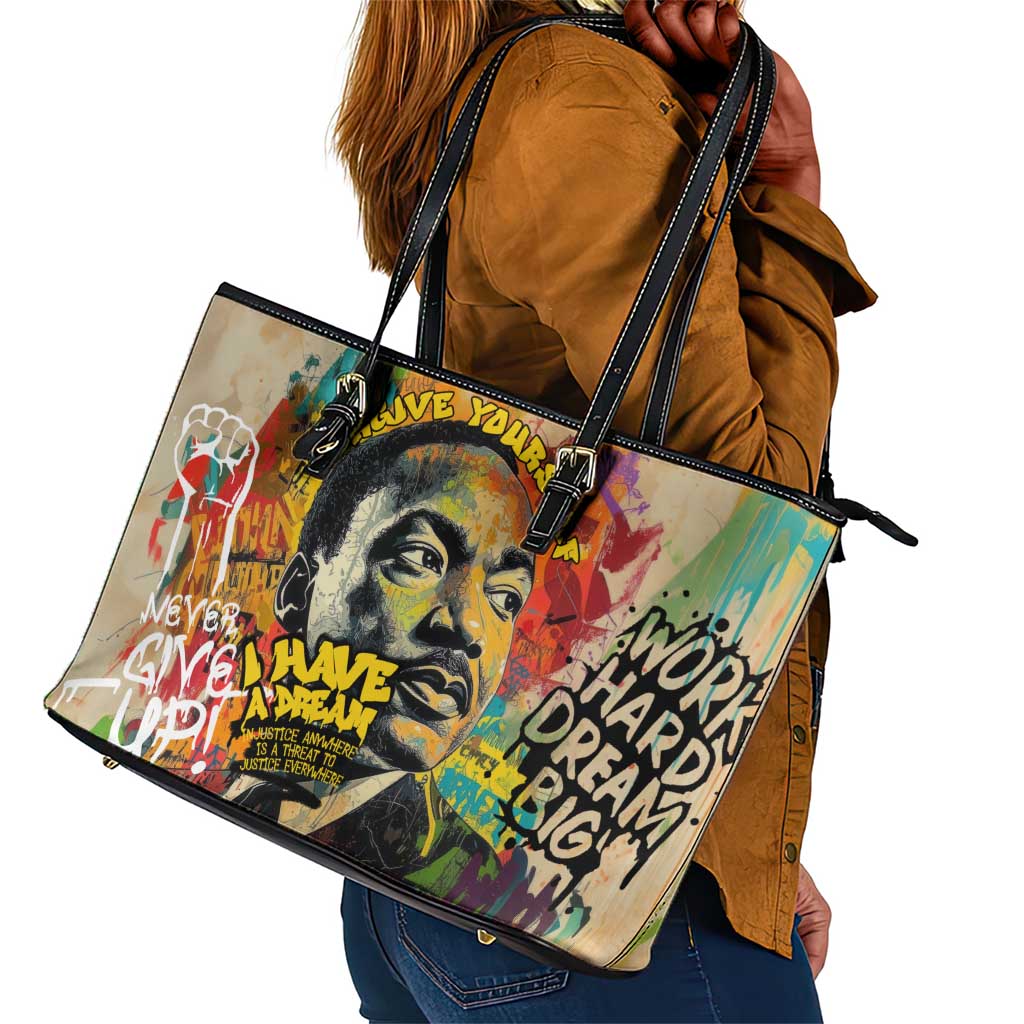 Martin Luther King Graffiti Afro Leather Tote Bag Colorful Spray Paint Quotes and Crown - African Pride