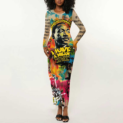 Martin Luther King Graffiti Afro Long Sleeve Bodycon Dress Colorful Spray Paint Quotes and Crown - African Pride