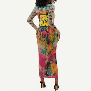 Martin Luther King Graffiti Afro Long Sleeve Bodycon Dress Colorful Spray Paint Quotes and Crown - African Pride
