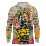 Martin Luther King Graffiti Afro Long Sleeve Polo Shirt Colorful Spray Paint Quotes and Crown - African Pride