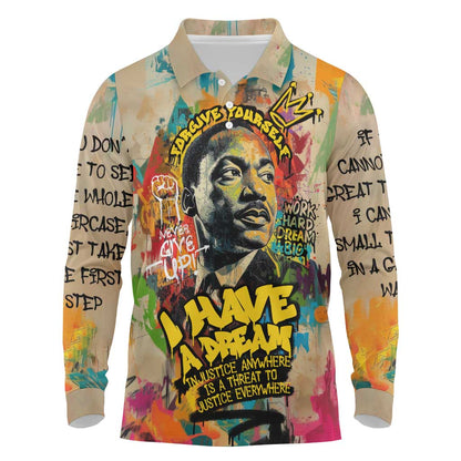 Martin Luther King Graffiti Afro Long Sleeve Polo Shirt Colorful Spray Paint Quotes and Crown - African Pride