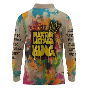 Martin Luther King Graffiti Afro Long Sleeve Polo Shirt Colorful Spray Paint Quotes and Crown - African Pride