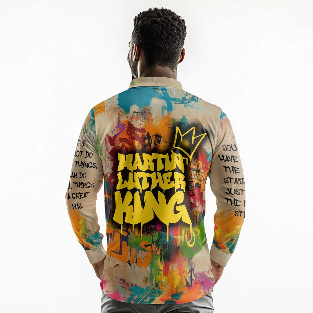 Martin Luther King Graffiti Afro Long Sleeve Polo Shirt Colorful Spray Paint Quotes and Crown - African Pride
