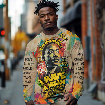 Martin Luther King Graffiti Afro Long Sleeve Shirt Colorful Spray Paint Quotes and Crown - African Pride