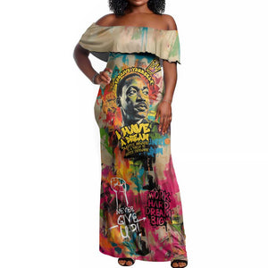 Martin Luther King Graffiti Afro Off Shoulder Maxi Dress Colorful Spray Paint Quotes and Crown - African Pride