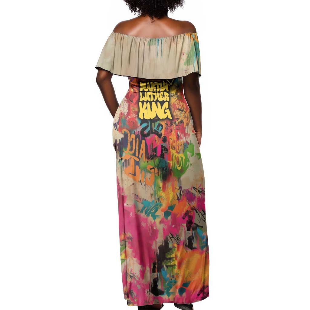 Martin Luther King Graffiti Afro Off Shoulder Maxi Dress Colorful Spray Paint Quotes and Crown - African Pride